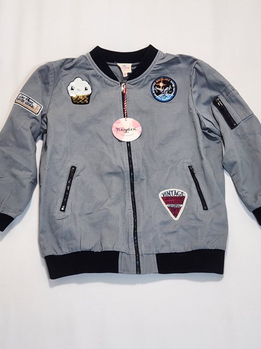 Hayden Girls Gray Multi Patch Utility Bomber Jacket Tunic Coat NWT 13/14